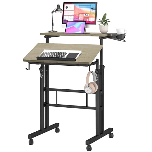 Klvied Rolling Mobile Desk with Cup Holder, Portable, Adjustable Height Small Stand up Desk on Wheels for Home Office Laptop Cart, Computer, Stan