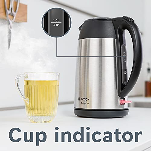 Bosch DesignLine TWK3P420GB Stainless Steel Cordless Kettle, 1.7 Litres, 3000W - Silver and Black