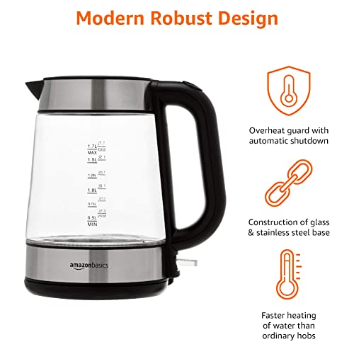 Amazon Basics Electric Glass Kettle,1.7-Liter, Black, Silver