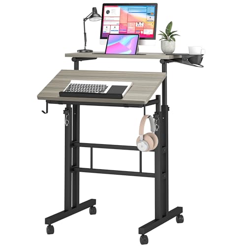 Klvied Rolling Mobile Desk with Cup Holder, Portable, Adjustable Height Small Stand up Desk on Wheels for Home Office Laptop Cart, Computer, Stan