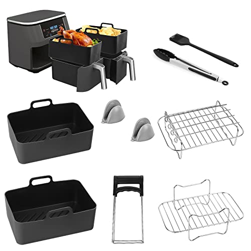 Air Fryer Accessories for Ninja Dual AF300UK AF400UK, Reusable Air Fryer Silicone Liner, Stainless Steel Grilling Rack with 4 Skewers, Oil Brush,