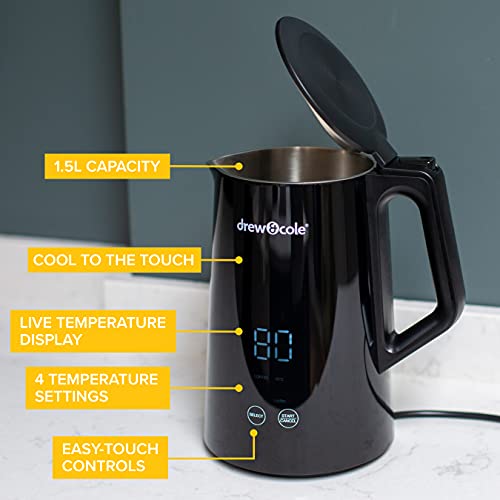 Drew&Cole Digital Kettle Pro 1.5L - Live Temperature Display - Variable Temperature Control - Energy Efficient - 4 Preset Temperatures From 40°C