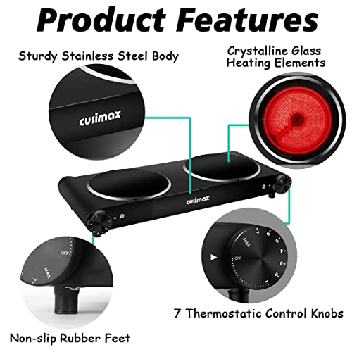 Double Hot Plate, CUSIMAX 2400W Electric Hob Ceramic Hot Plate, Portable Double Camping Hob Infrared Cooktop with Dual Temperature Control, Easy