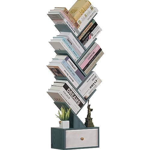 SHEEPAM 8 Tier Tree Bookshelf with Drawer, Free Standing Wood Bookcase for Narrow Space, Storage Organizer Bookshelves for Books, Book Case for H