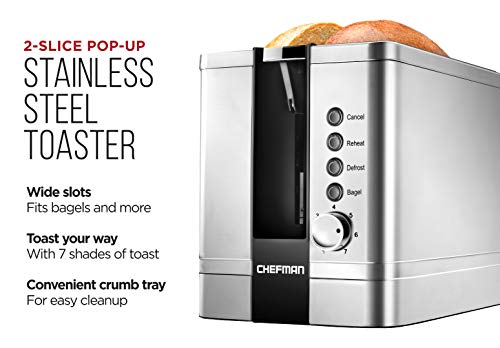 Chefman 2 Slice Toaster, 7 Shade Settings, Stainless Steel Toaster 2 Slice with Extra-Wide Slots, Thick Bread Toaster and Bagel Toaster, Reheat,