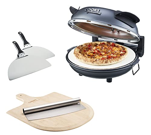 Electric Pizza Oven Energy Efficient with Stone Base 1200w Glass Window 12 inch 31cm with Pizza Paddles 2 Year Warranty by Cooks Professional (Pi