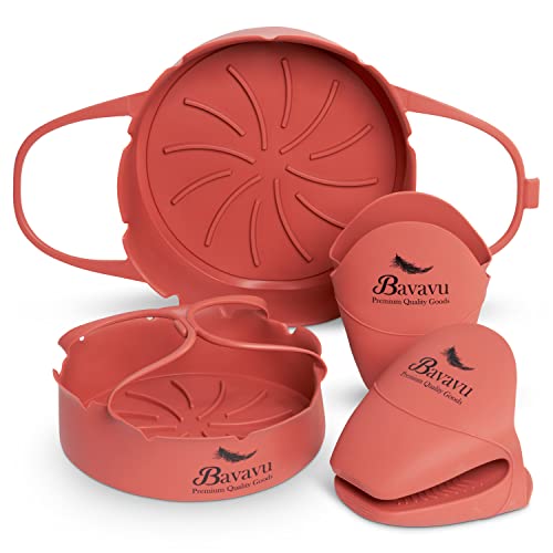 Bavavu 4-Pcs Set Silicone Air Fryer Liners and Potholder Mitts, Replacement for Parchment Paper, Suitable for Oven and Microwave – Terracotta