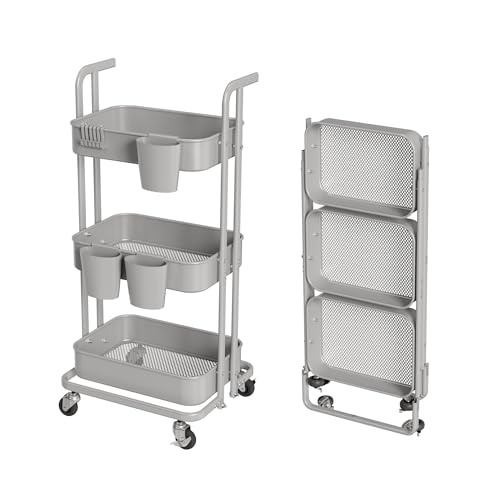 Merapi 3 Tier Foldable Rolling Cart, Metal Utility Cart with Wheels, 3 Hanging Cups and 6 Hooks, Folding Trolley for Living Room, Kitchen, Bathro