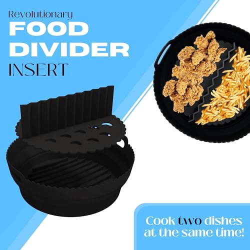 Black Silicone Air Fryer Liner 8 Inch, Collapsible Pot with Removable Food Separator/Divider, Reusable Air Fryer Liners, Tower & Round Air Fryer