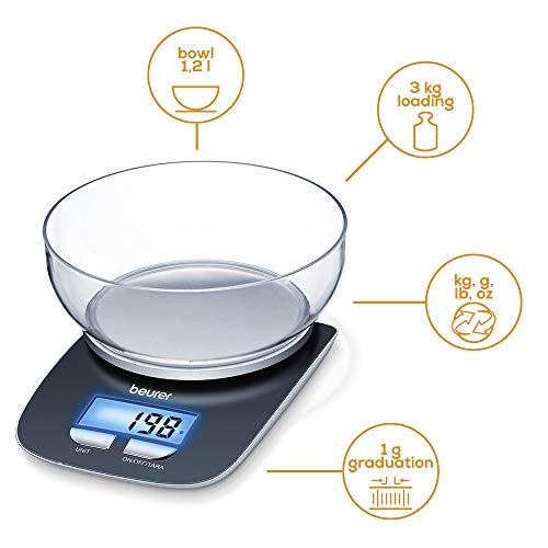 Beurer KS25 Digital Kitchen Scale | With 1.2l weighing bowl | Tare weighing function | Adjustable between kg, g, lb, oz | 3kg weight capacity