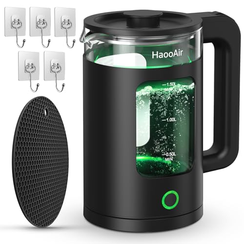 Haooair Kettle, 1.5 Liter Electric Kettle with Blue LED, Easy to Clean Glass Kettle, Fast Boil Quiet, BPA-Free, Boil-Dry Protection (Gifts: Black