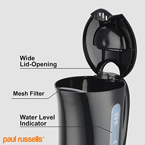 paul russells Electric Plastic Kettle, 2200W 1.7L, Hot water dispenser, Black Boil-Dry Protection, Auto Shut off Stirx Control