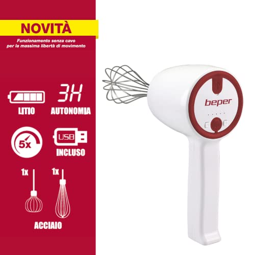 BEPER P102SBA007 USB Rechargeable Hand Mixer, Electric Hand Mixer, 20W, 2 Stainless Steel Whips, 5 Speed, Single Key Operation, USB cable include