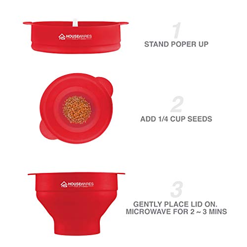 Collapsible Silicone Microwave Hot Air Popcorn Popper Bowl With Lid and Handles (Red)