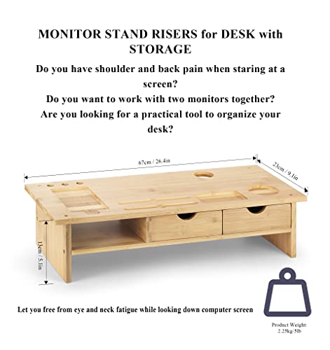Monitor Stand Riser Desk Organizer-Bamboo 2 Tier Laptop Stand with Drawers,Adjustable Desktop Storage Organizer for Computer, Use in Office,Home/