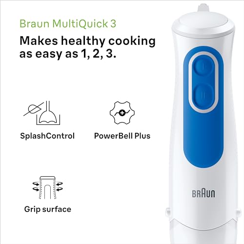 Braun MultiQuick 3 MQ3025 Hand Blender, Omelette Mixer, 2 Speeds, Splash Control, Dishwasher Safe parts, 350ml Chopper, Whisk and BPA-Free Plasti