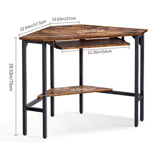 Becko US Corner Desk Triangle Computer Desk Vintage Industrial Small Desk Home Office Desk with Keyboard and Storage Shelf (Rustic Brown)