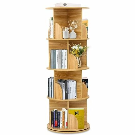 Dozont Upgraded 18" Rotating Bookshelf Tower, 4 Tier Circular Bookshelf for Kids&Adults, Wood 360° Floor Standing Book Storage Rack, Spinning Boo