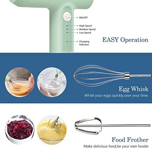 Electric Whisk- LHBD Cordless Hand Mixer Portable Handheld Electric Mixer with 3-speed Self-Control, 304 Stainless Steel Beaters & Balloon Whisk,