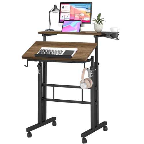 Klvied Rolling Mobile Desk with Cup Holder, Portable, Adjustable Height Small Stand up Desk on Wheels for Home Office Laptop Cart, Computer, Stan