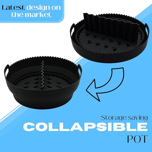 Black Silicone Air Fryer Liner 8 Inch, Collapsible Pot with Removable Food Separator/Divider, Reusable Air Fryer Liners, Tower & Round Air Fryer