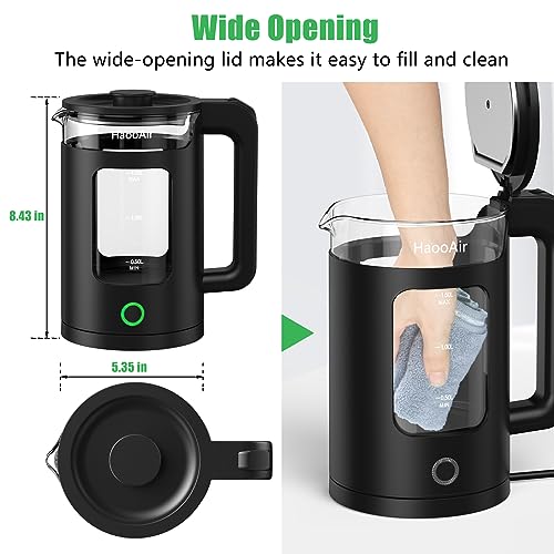 Haooair Kettle, 1.5 Liter Electric Kettle with Green LED, Easy to Clean Glass Kettle, Fast Boil Quiet, BPA-Free, Boil-Dry Protection (Gifts: Blac
