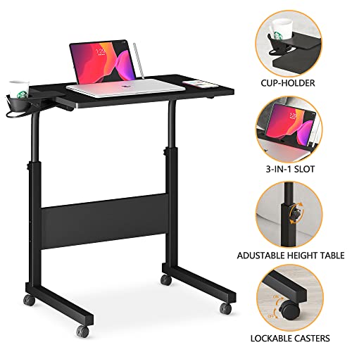 Klvied Standing Desk Adjustable Height, Stand Up Desk with Cup Holder, Portable Laptop Desk, Mobile Standing Desk, Small Computer Desk, Bedside T