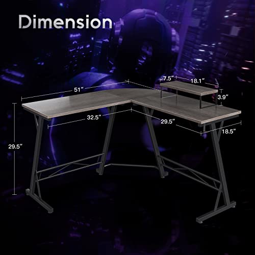 Gaming Desk L-Shaped Computer Desk Corner Desk for Home Office with Monitor Stand 129.5 cm Grey Oak