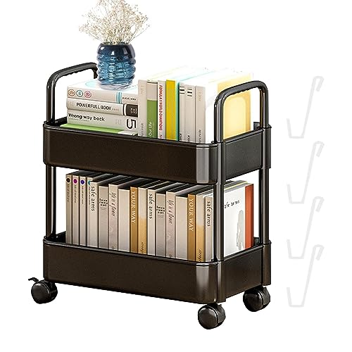 Under Desk Rolling Cart, Movable Bookshelf Cart, Mobile Book Cart Organizer, 2 Tier Bookshelf, Cart Rolling Storage Organizer for Office Home Kit