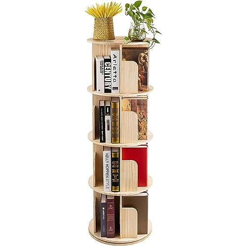MYOYAY 4-Tier Solid Wood Bookshelf Floor Standing Bookcase 360° Rotation Book Storage Cabinet Magazines Potted Plants Display Stand Holds Up to 2