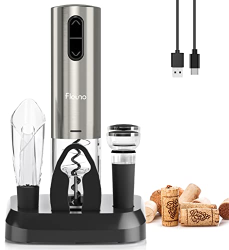 Flauno Electric Wine Bottle Opener - Rechargeable Automatic Corkscrew Set - Electric Bottle Opener Set with Charging Base | Foil Cutter | Vacuum
