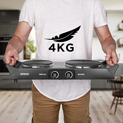 Duronic Hot Plate HP2 BK, Table-Top Cooking, 2500W Black Steel Electric Double Hob with Handles, 2 Cast Iron Portable Hob Rings (1500W & 1000W) f