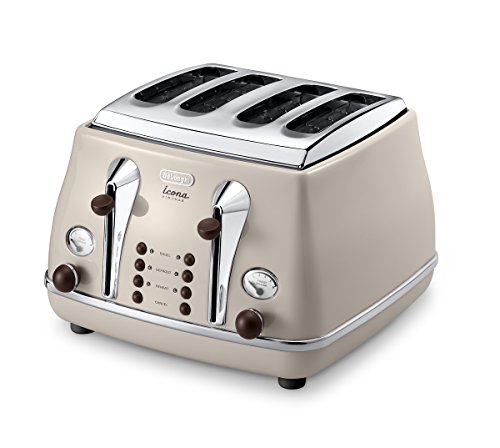 De'Longhi Icona Vintage 4 slot toaster, reheat, defrost, one-side bagel & 6 browning settings, CTOV4003BG, Beige