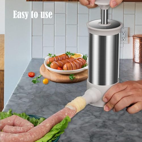 GENCAM Stainless Steel Sausage Filler, Manual Sausage Machine with 4 Sausage Filling Funnels, Sausage Filling Machine for Family Dinners, Restaur