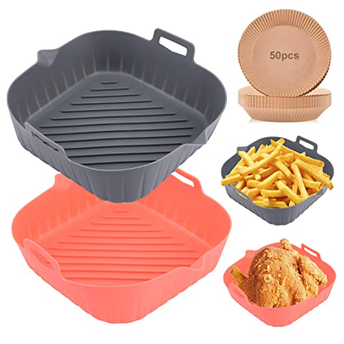 Air Fryer Silicone Pot, 2 Pcs 8.5" Reusable Silicone Liners Square, 50pcs 7.8"Air Fryer Paper Liners Oilproof for 4 to 7 Qt Air Fryer Baskets Air