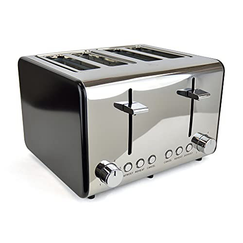 Kitchen Perfected 4 Slice Wide Slot Toaster, 6 Browning Settings, Defrost/Reheat/Cancel, High Lift, Centralisation Even Toasting - Black Stainles