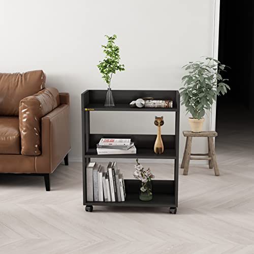 MIN WIN 3 Tier Open Bookshelf,Small Bookshelves Storage Display Shelf with Universal Wheels,Movable Standing Shelf Units,Wood Storage Rack for Sm