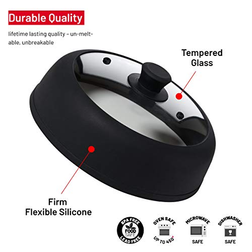 Bezrat Vented Glass Microwave Plate Cover | Large 12-inch Splatter Guard Lid | Firm Grip Silicone handle | 100% Food Grade | Dishwasher Safe (Bla