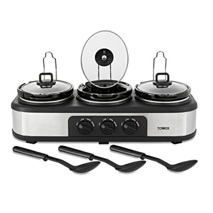 Tower T16015 Three Pot Slow Cooker with Independent Temperature Controls, Keep Warm Function, 4.5L, Stainless Steel,Black
