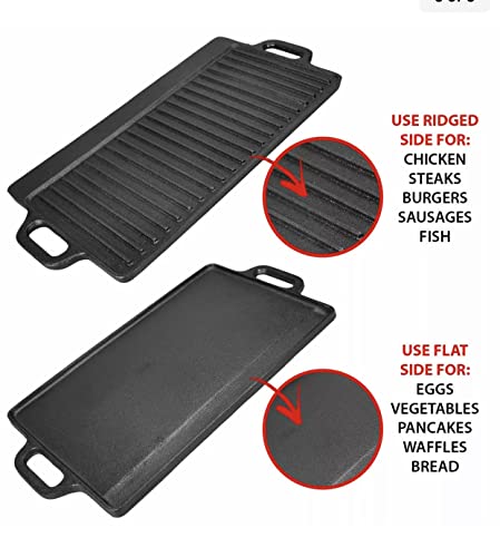 Cast Iron Griddle Grill Pan, Nonstick Griddle Grill with Dual Handles, Pre-Seasoned Reversible Grilling Plate, Double Burner Stovetop Skillet, BB