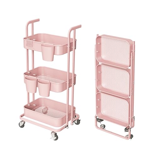 Merapi 3 Tier Foldable Rolling Cart, Metal Utility Cart with Wheels, 3 Hanging Cups and 6 Hooks, Folding Trolley for Living Room, Kitchen, Bathro