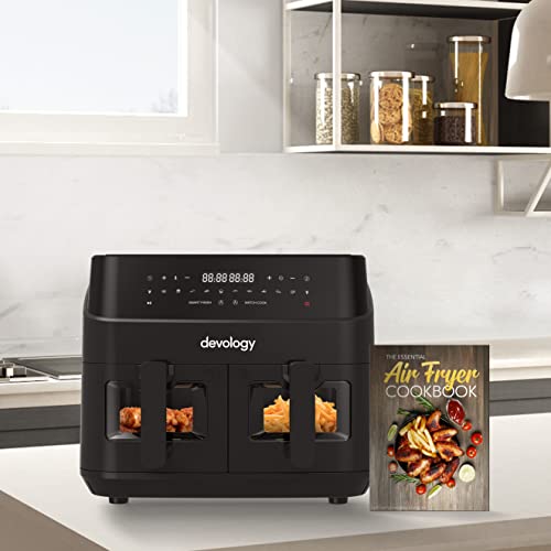 Devology Double Air Fryer - 9L - 2 x 4.5L Independent Cooking Zones With Light Up Glass Front - Free 50 Recipe Cookbook- 10 Cooking Programs - Di