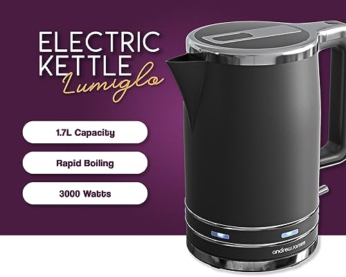Andrew James Electric Kettle, Matte Black, Fast Boiling, Cordless, Large 1.7L Jug, 3000W, Reusable Filter, Quiet Dry Boil Protection, Modern, Com