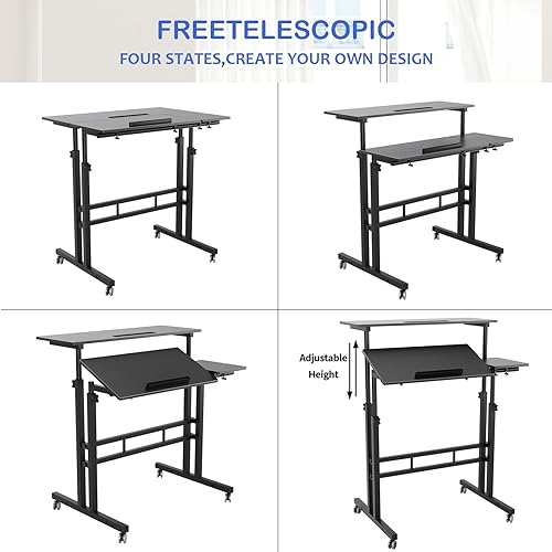 Mobile Laptop Sit-Stand Desk, soges Height Adjustable Standing Tiltable Top Desk, 31.5 inch Stand Up Computer Desk for Home Office, Small Rolling