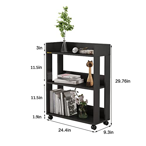MIN WIN 3 Tier Open Bookshelf,Small Bookshelves Storage Display Shelf with Universal Wheels,Movable Standing Shelf Units,Wood Storage Rack for Sm