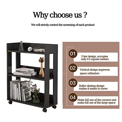 MIN WIN 3 Tier Open Bookshelf,Small Bookshelves Storage Display Shelf with Universal Wheels,Movable Standing Shelf Units,Wood Storage Rack for Sm