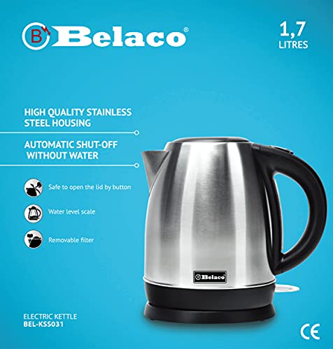 Belaco Electric Kettle Stainless Steel Housing 1.7L Fast Boil Cordless 360° Rotation Removable Water Filter 1800-2200W UK Plug Auto Shut-Off & Bo