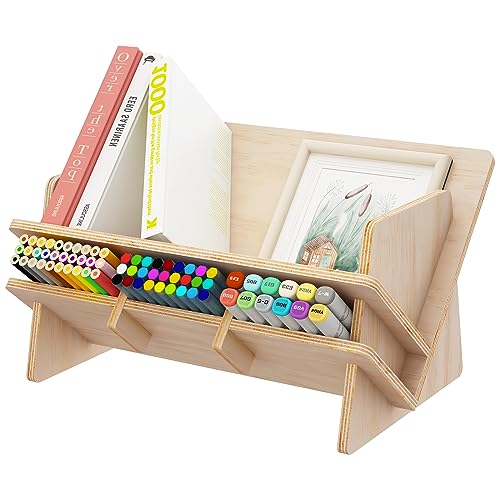 RekRang Desktop Bookshelf Desk Organizer Shelf,Tabletop Tilted Bookcases with Pen Holder,3-in-1 Wood Storage Rack Display Stand Shelf Home Office