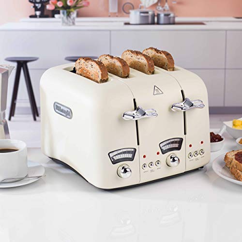 DeLonghi CT04E Argento Retro-Style Four Slice Toaster, 1600 W, Stainless Steel, Cream