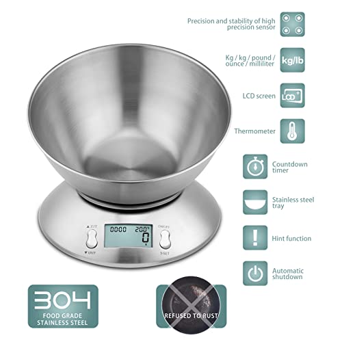 Electronic Kitchen Scales, Uten Kitchen Digital Scale with Detachable Stainless Steel Bowl 11lb/5kg, with Ambient Temperature Sensor and Cuisine
